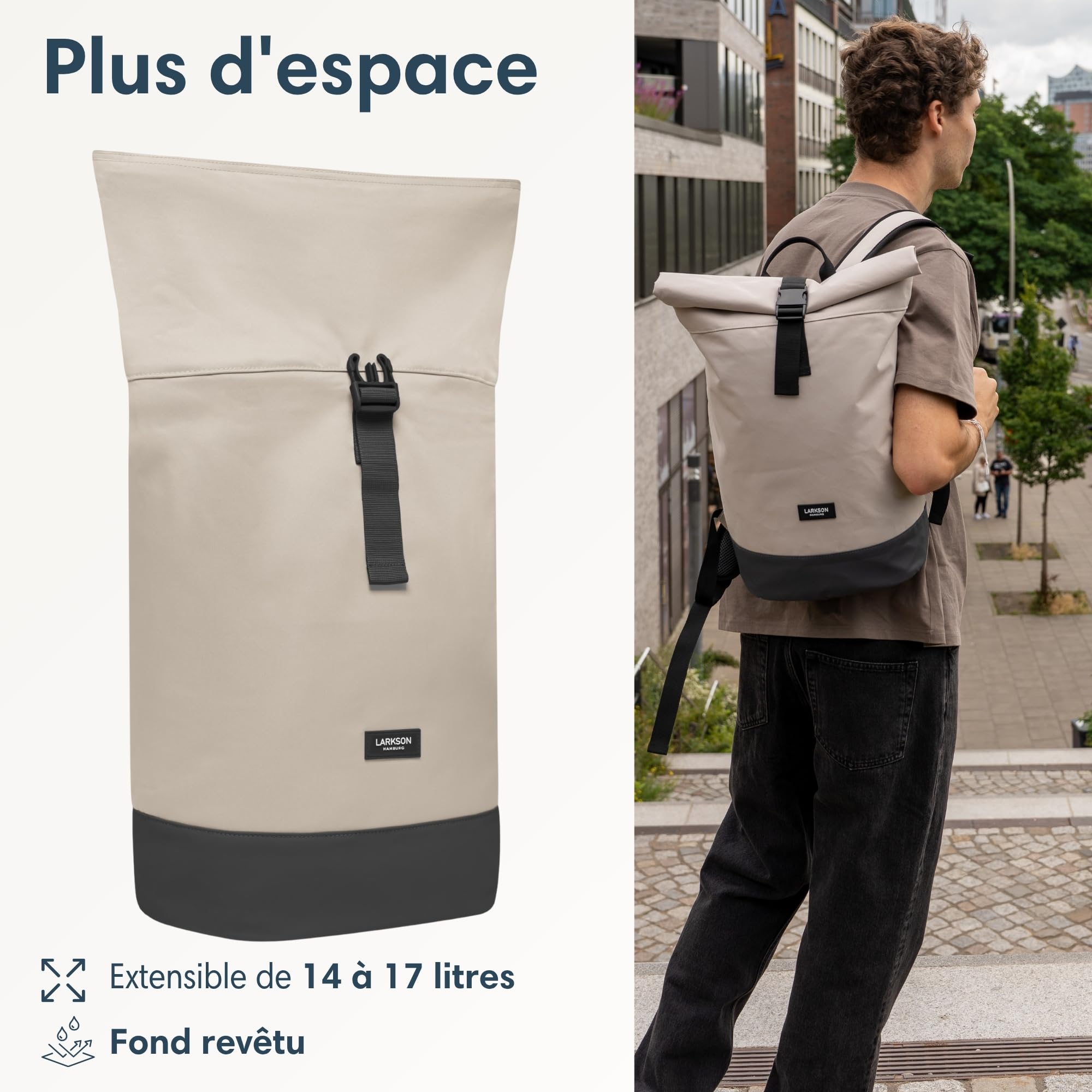 LARKSON Sac à Dos Femmes & Hommes Beige Gris - Janne - Sac à Dos Rolltop avec Compartiment pour Ordinateur Portable pour Université Travail Voyages & Vélo - Medium Backpack - Hydrofuge