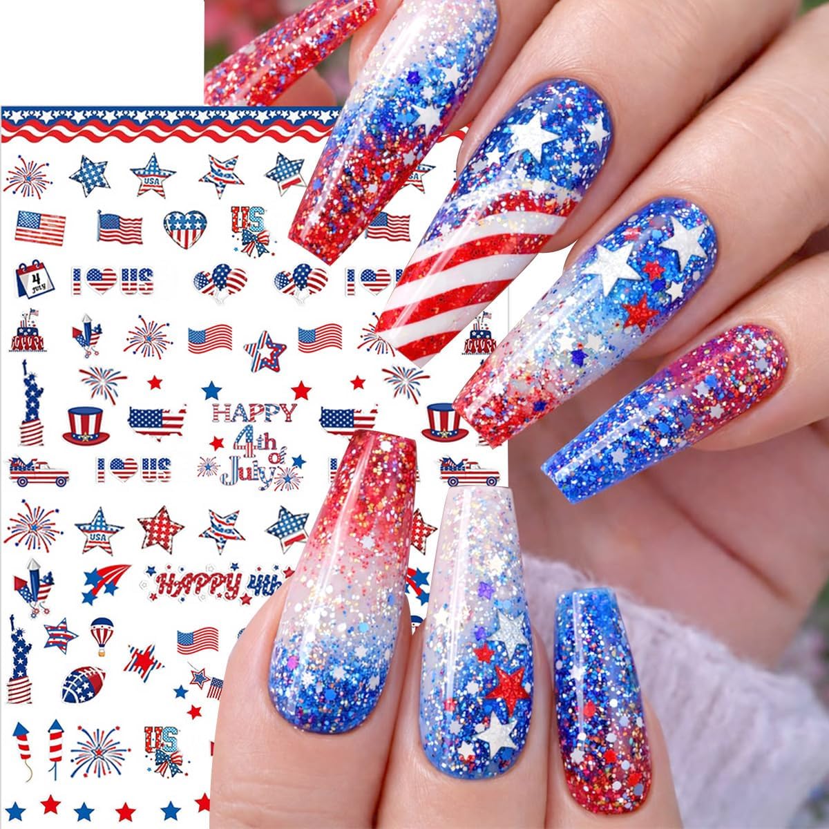 6 Sheets Independence Day Nail Stickers for Nail Art Happy 4th of July Nail Art Stickers Star Fireworks American Flag Nail Decals Design 3D Self-Adhesive Patriotic Nails Supply for Women DIY Manicure