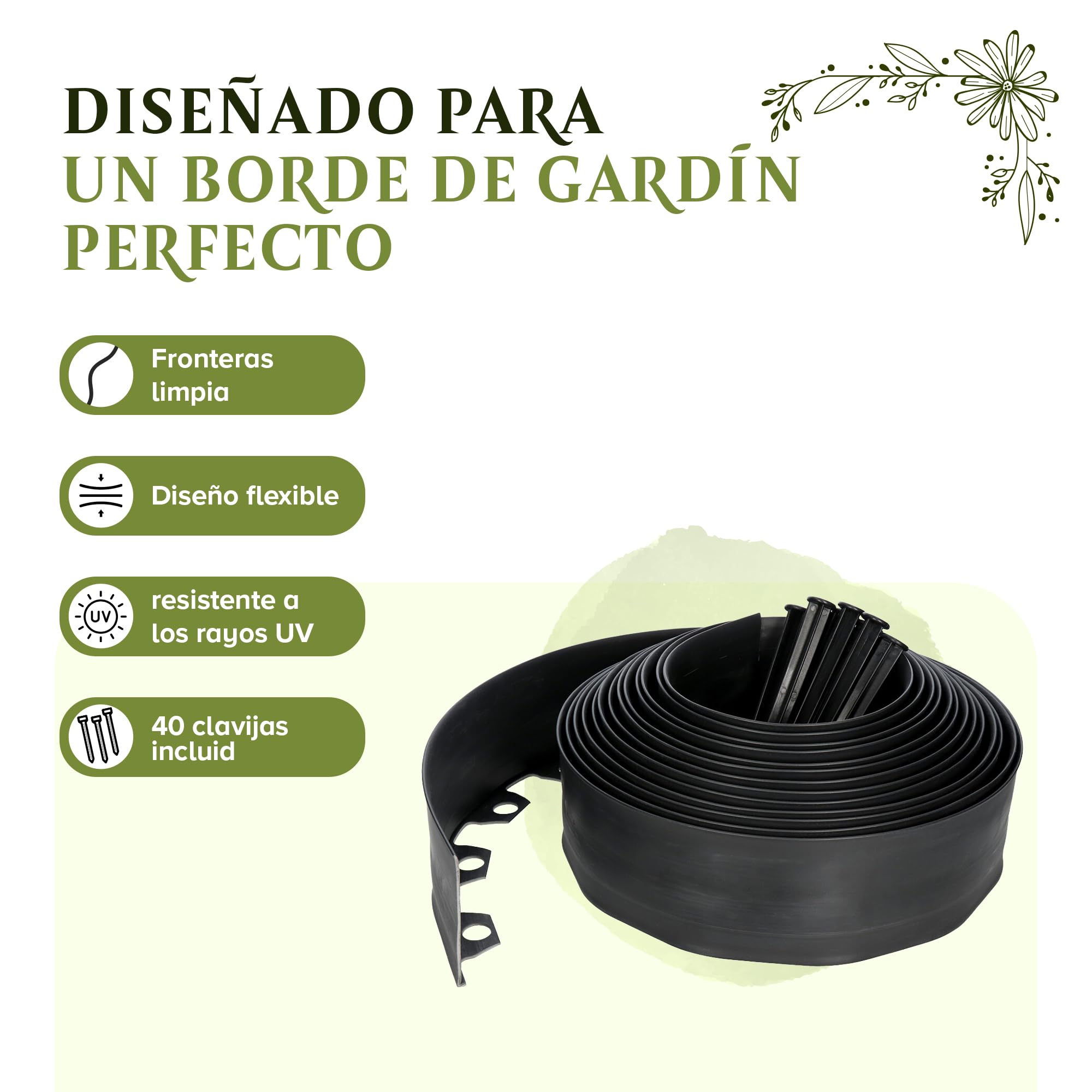 Borde Flexible para césped (10 m, 40 Anclajes de Tierra, 8 cm de Altura), de plástico Negro, Resistente a la Intemperie, Borde Redondo, bordillo Redondo para césped, remate de Corte