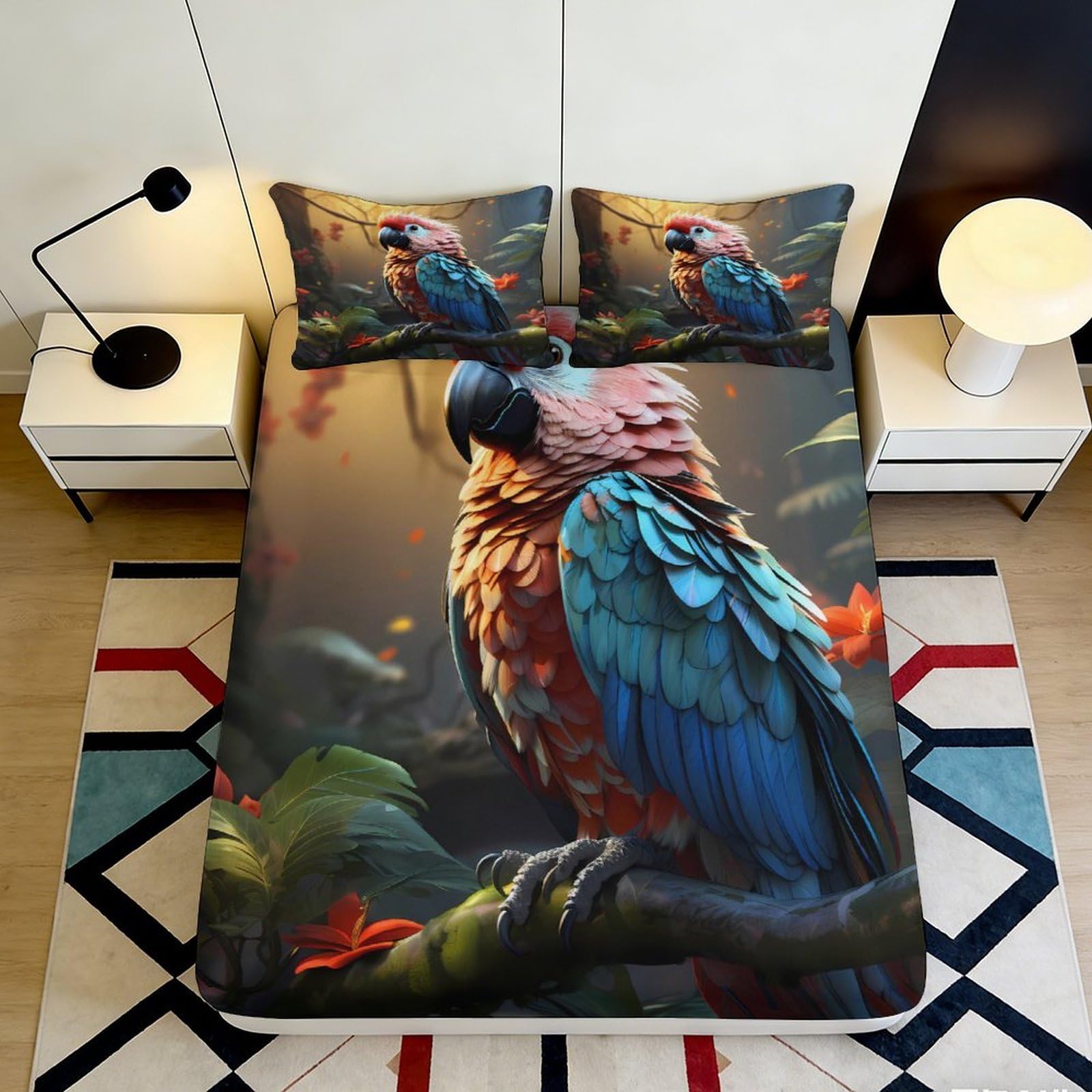 3D Printed Colorful Parrot Fitted Sheet Microfiber Soft Breathable Jungle Bird Mattress Cover Bedroom Decor 90x200x25cm