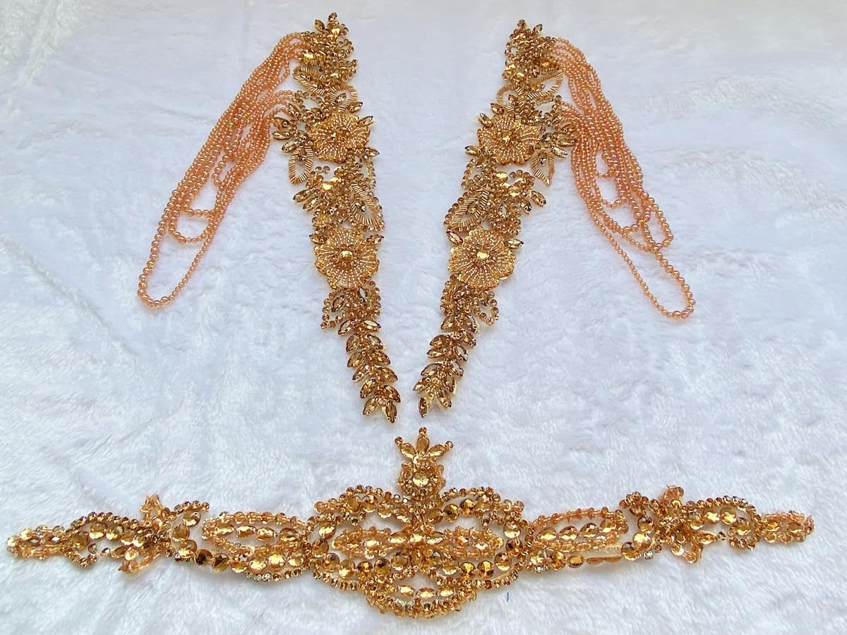 3 Pieces Pure Handsewing Rhinestones Applique Beaded Pearl Fringe Patches Embellished Dress Shoulders Neckline and Waist Luxury Design Clothing Accessories (Champagne) image 5