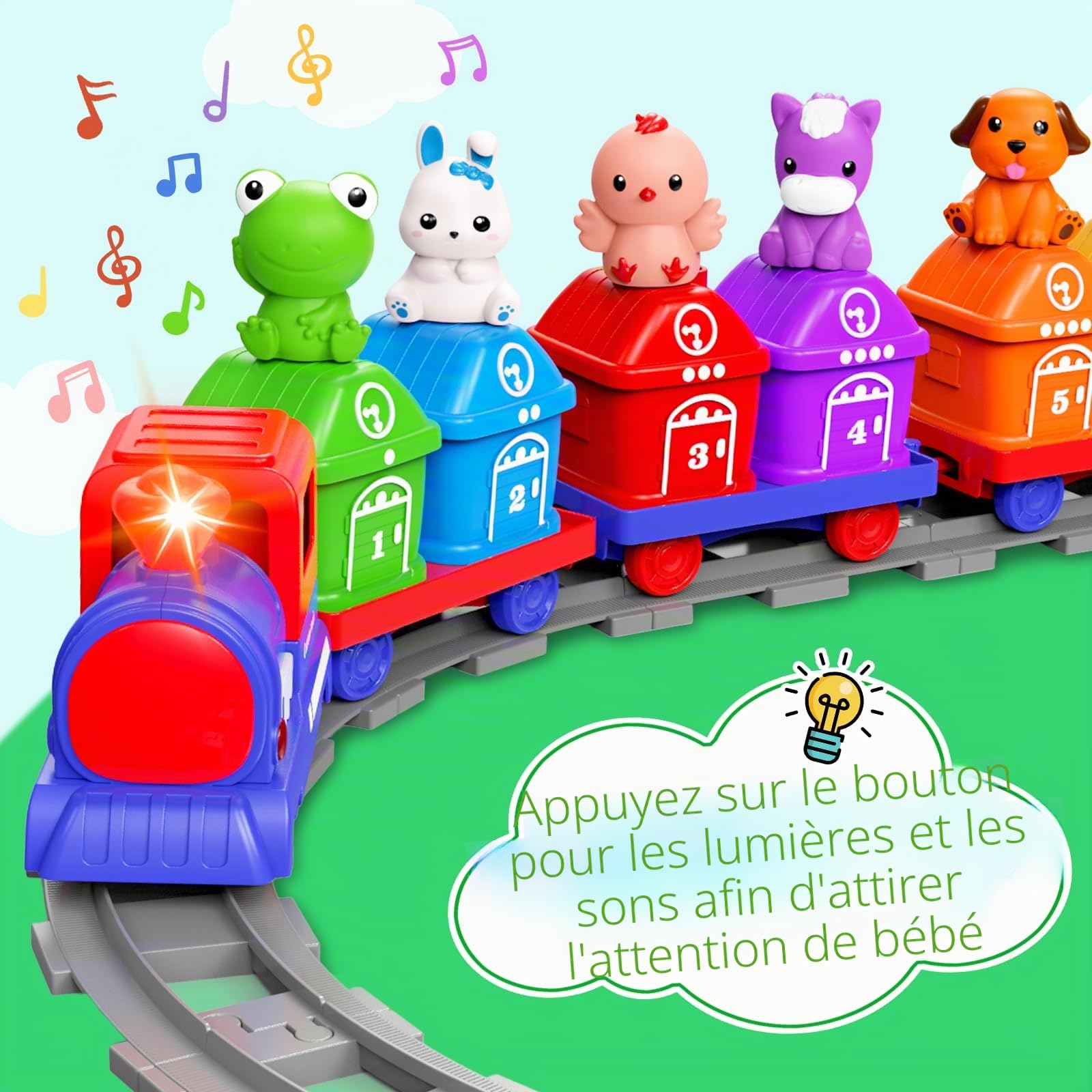 Meytccve Jouet Éducatif Train pour Enfants 1 2 3 Ans - Circuit de Train Électrique avec Animaux de la Ferme, Marionnettes à Doigts, Jeu Montessori d'Association et Tri (Blau)