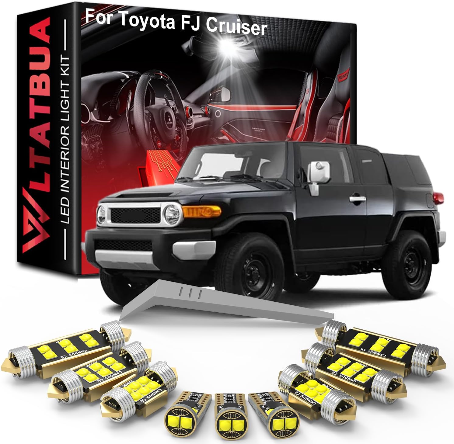 LED Interior Light Kit Package Replacement for Toyota FJ Cruiser 2006 2007 2008 2009 2010 2011 2012 2013 2014 2015, Super Bright 6000K White License Plate Bulbs + Install Tool