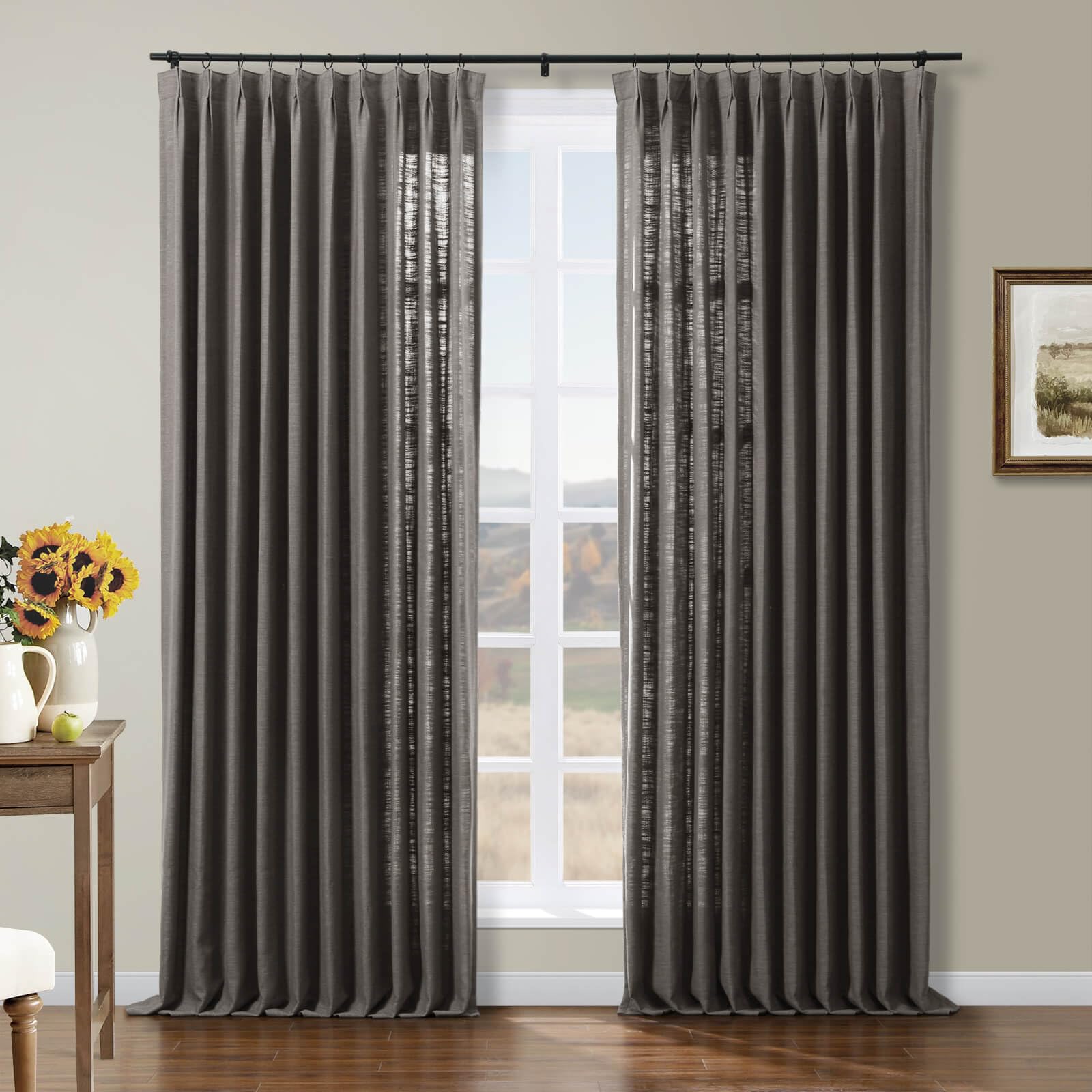 Rideau lin lourd grand salon couleur chocolat 213x243 pour ambiance feutrée