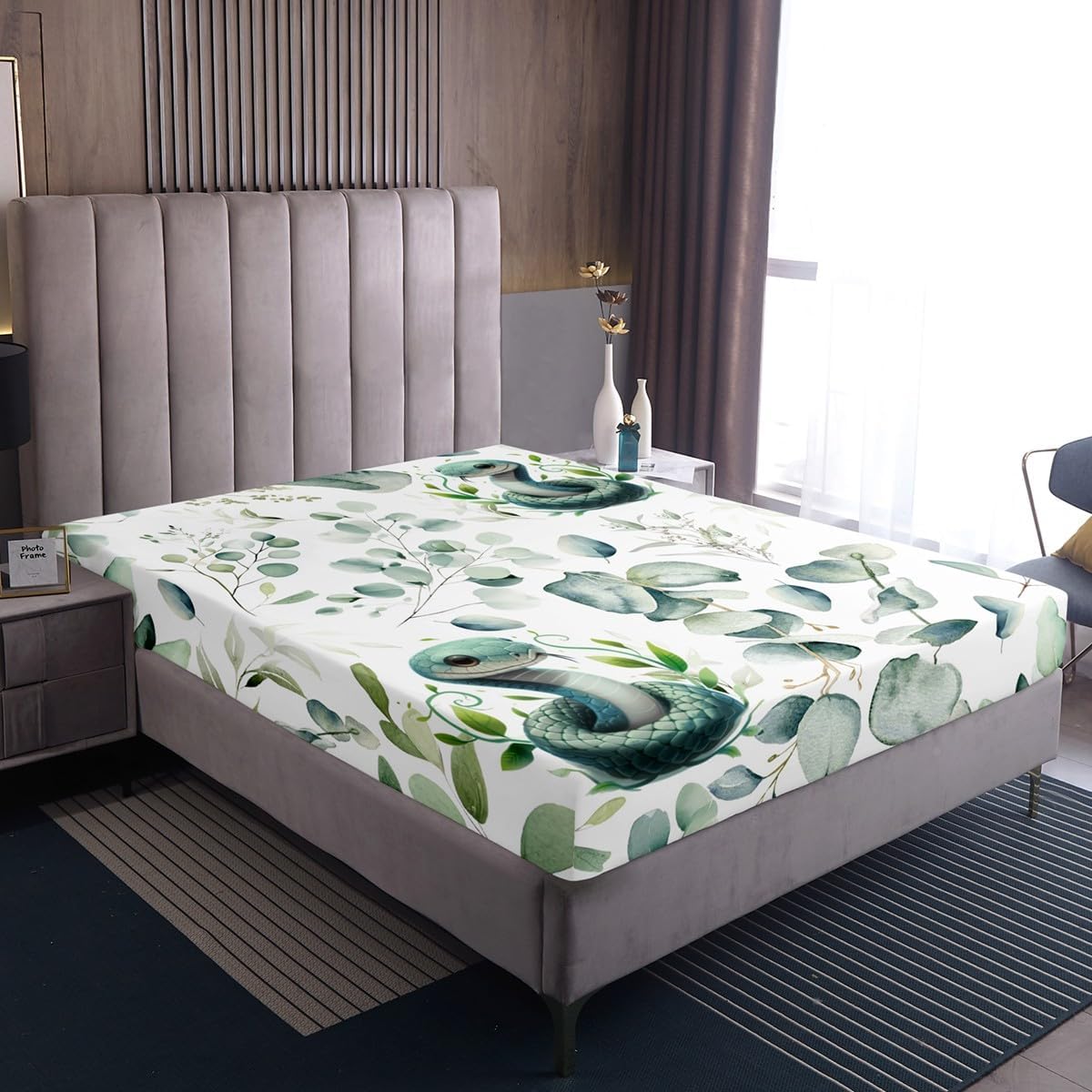 Erosebridal Cute Snake Sheet Set for Kids Child Green Eucalyptus Bed Sheets Set, Wild Animal Twin Sheets Botanical Plant Leaves Bed Set, Cartoon Wildlife Top Sheet image 5