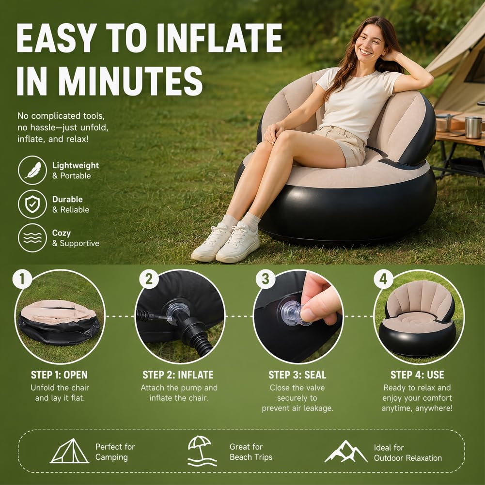 CEWROM Canapé gonflable 2 en 1 avec surface floquée, imperméable, fauteuil portable avec pompe pour salon, extérieur, camping, plage, voyage, canapé, pouf (gris)
