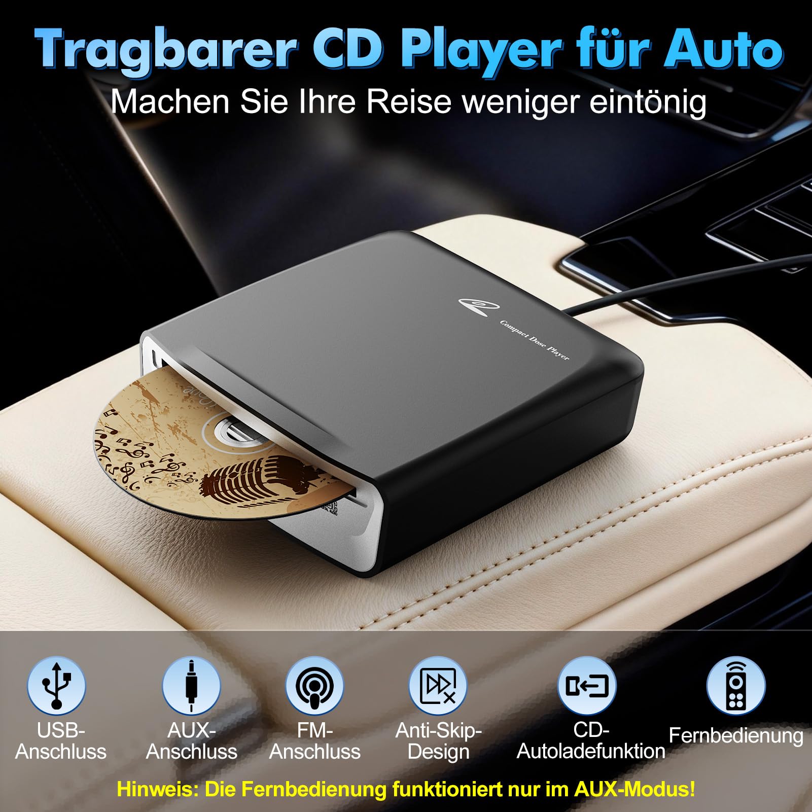 Auto CD Player mit USB-Anschluss - Timzeit Extern Universal CD Player für Auto PKW LKW mit AUX-kabel und Fernbedienung, Externes CD Laufwerk für Laptop, PC, Fernseher, kompatibel mit Android Autoradio