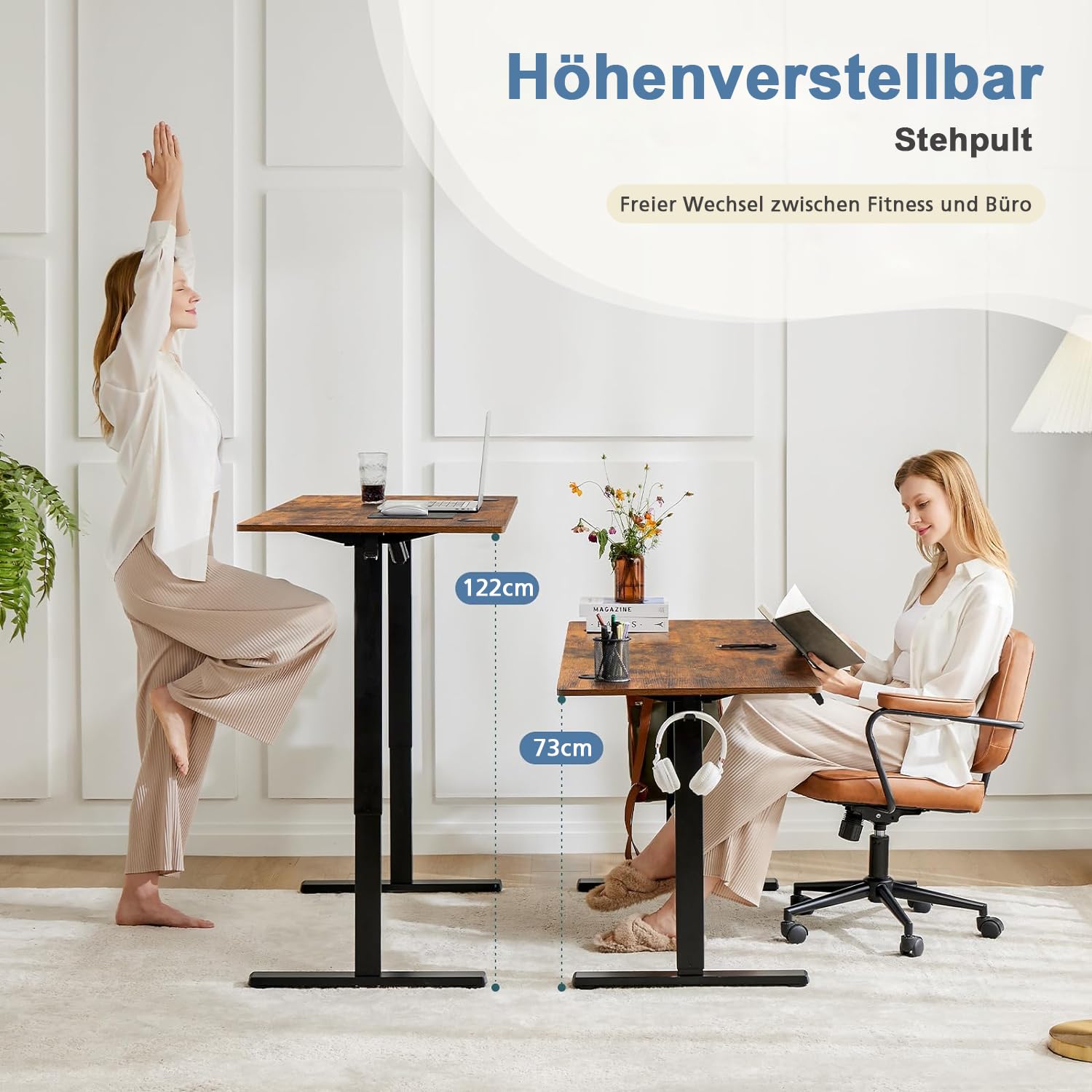 DUMOS Schreibtisch Höhenverstellbar, Ergonomic Elektrischer Schreibtische 120 X 60 cm, Standing Desk, Height Adjustable Tisch, Office Desk Geeignet für Büros, Wohnungen und andere (Braun)