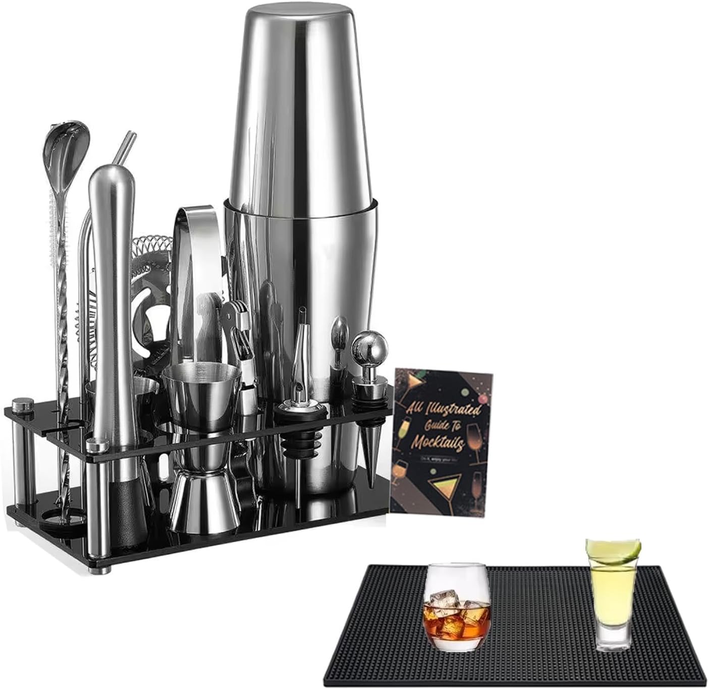 Cocktail Shaker Set, 16-Piece Boston Stainless Steel Bartender Kit with Bar Mats and Bar Set with Acrylic Stand, Professional Bar Tools for Party, Bar, Home (Include Cocktail Recipes Booklet)