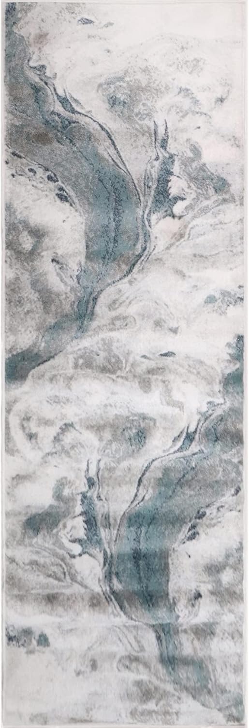 Superior Indoor Runner Rug, Jute Backing, Modern Watercolor Abstract, Floor Decor for Bedroom, Office, Living/Dining Room, Entry, Hallway, Hardwood Floors, Morwenna Collection, 2' 7" x 8', Blue