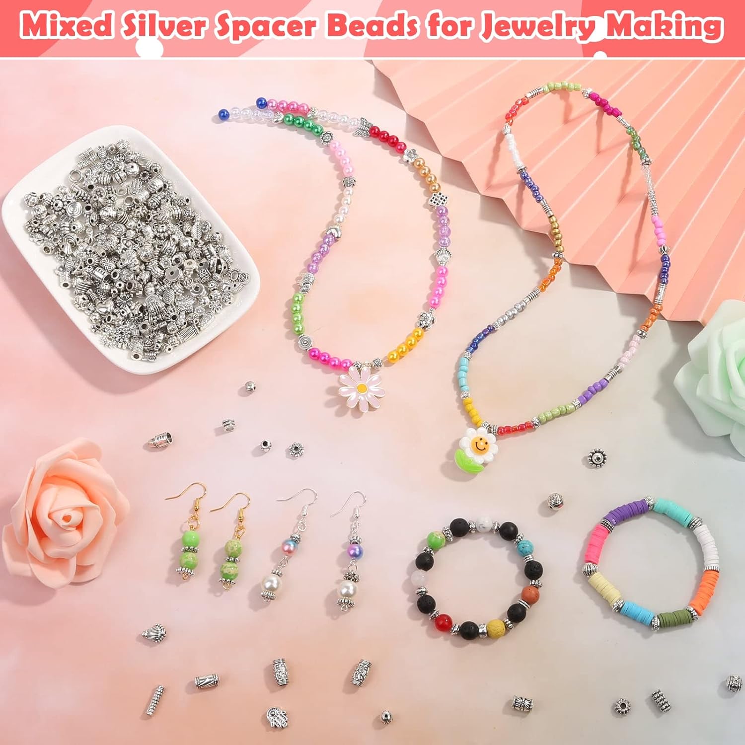 350 Pcs Silver Spacer Beads for Jewelry Making, Mixed Bulk Random Styles Metal Beads for Bracelets, Necklace, Earring Jewelry Making thumbnail