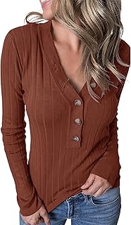 MEROKEETY Women's Long Sleeve V Neck Ribbed Button Knit Sweater Solid Color Tops