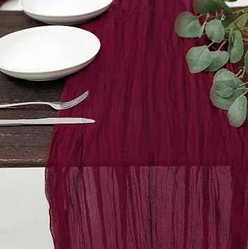 Cheesecloth Table Runner 35×118inch Boho Burgundy Winkled Gauze Table Runner Long Romantic Sheer for Dating Wedding Banquet Party Dinner Decoration (Burgundy)