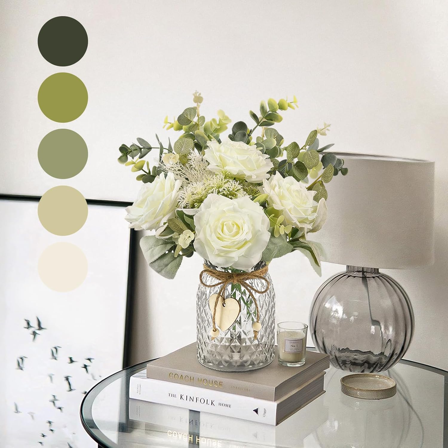 HOHOTIME Artificial Flowers with Vase, White Silk Roses Fake Flower Arrangement with Eucalyptus, Faux Plant Vase for Home Office Dining Table Centerpiece Coffee Table Decor Farmhouse Decoration - Image 4