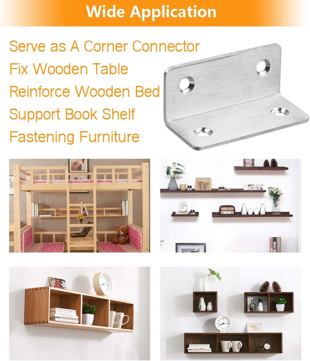 30 PCS Sliver Corner Brace, Stainless Steel 60MM X 25MM X 25MM Heavy Duty L Bracket for Furniture, Corner Steel Joint Right Angle Shelf Support Corner for Shelves, Furniture and Cabinet, Round End