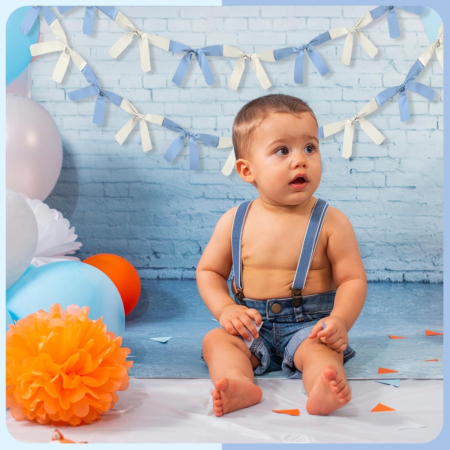 2 Pcs Baby Blue and White Bow Garland Banner 16.4 ft Bow Party Decorations for Girls Pastel Bow Ribbon Banner Bow Birthday Baby Shower Decorations Coquette Bridal Shower Party Supplies