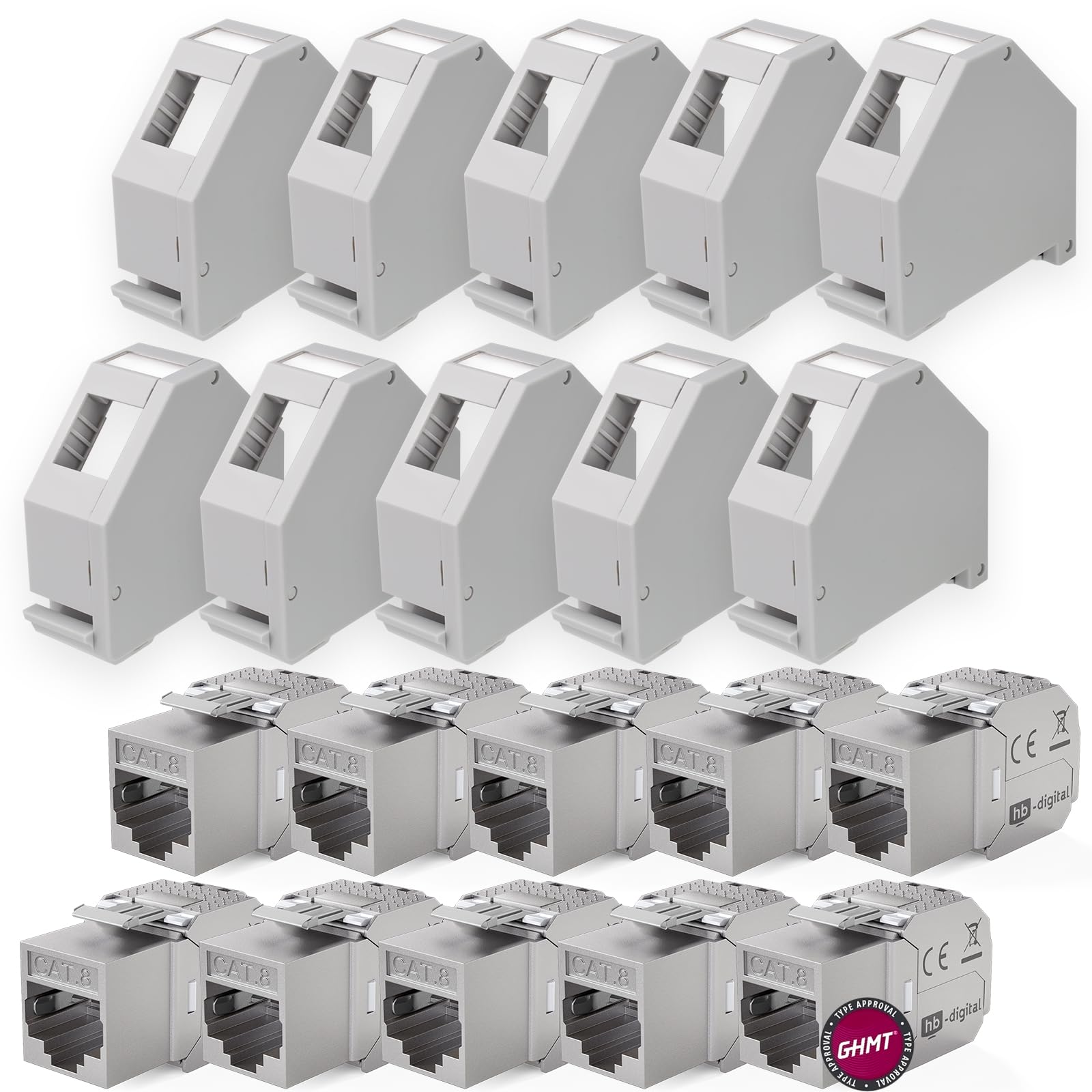 hb-digital Juego de 10 módulos Keystone Cat.8.1 RJ45 + 10 adaptadores de carril para carril de casquillo de 35 mm estándar | RJ35 Jack blindados montaje sin herramientas Ethernet LAN red STP LSA