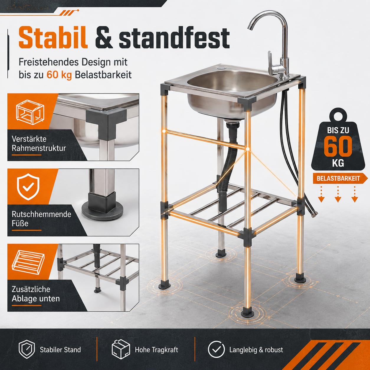 Lavello autoportante in acciaio inox con 360°Rubinetto 42x37x83CM | Portata 60KG, in acciaio inox, per esterni, giardino, campeggio, camper, cortile, fattoria