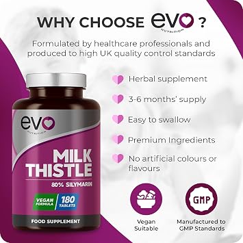 EVO Nutrition Milk Thistle, 80% Silymarin, 180 Vegan Tablets | Milk thistle capsules alternative, 3-6 month supply, made in the UK.