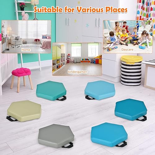 Miniatura 7 de KOTEK 6 cojines de suelo para niños de 15 pulgadas con asas, asientos circulares de espuma gruesa, asientos suaves y flexibles para aula, primaria,