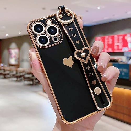 Miniatura 2 de Funda para iPhone 13 Pro con correa chapada en forma de corazón para mujeres y niñas, protector de lente de cámara de silicona suave, a prueba de