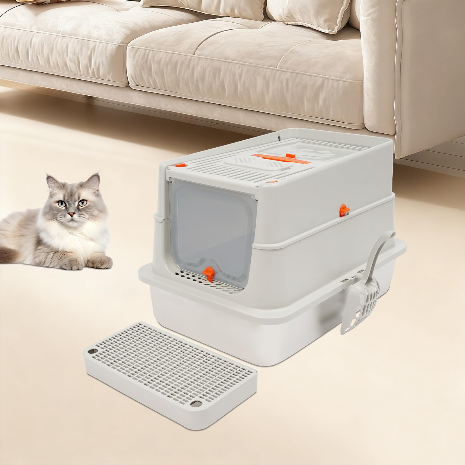 Lettiera per gatti in acciaio inox con coperchio, configurazione a due porte con coperchio ribaltabile, lettiera chiusa con pala e pedale, facile da pulire, rimovibile, 60 x 41 x 39 cm