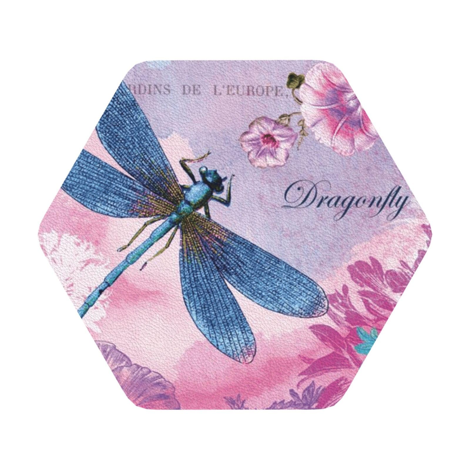 Pink flower and dragonfly PU Leather Coasters Set of 6 Hexagon Drink Coasters
