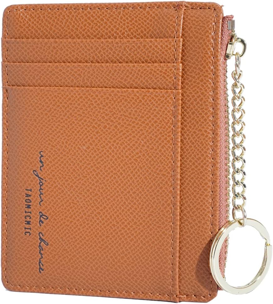 Women Slim Leather Card Case Holder Small Wallet Cute Coin Purse Girl Mini Wallet with Keychain (Brown)