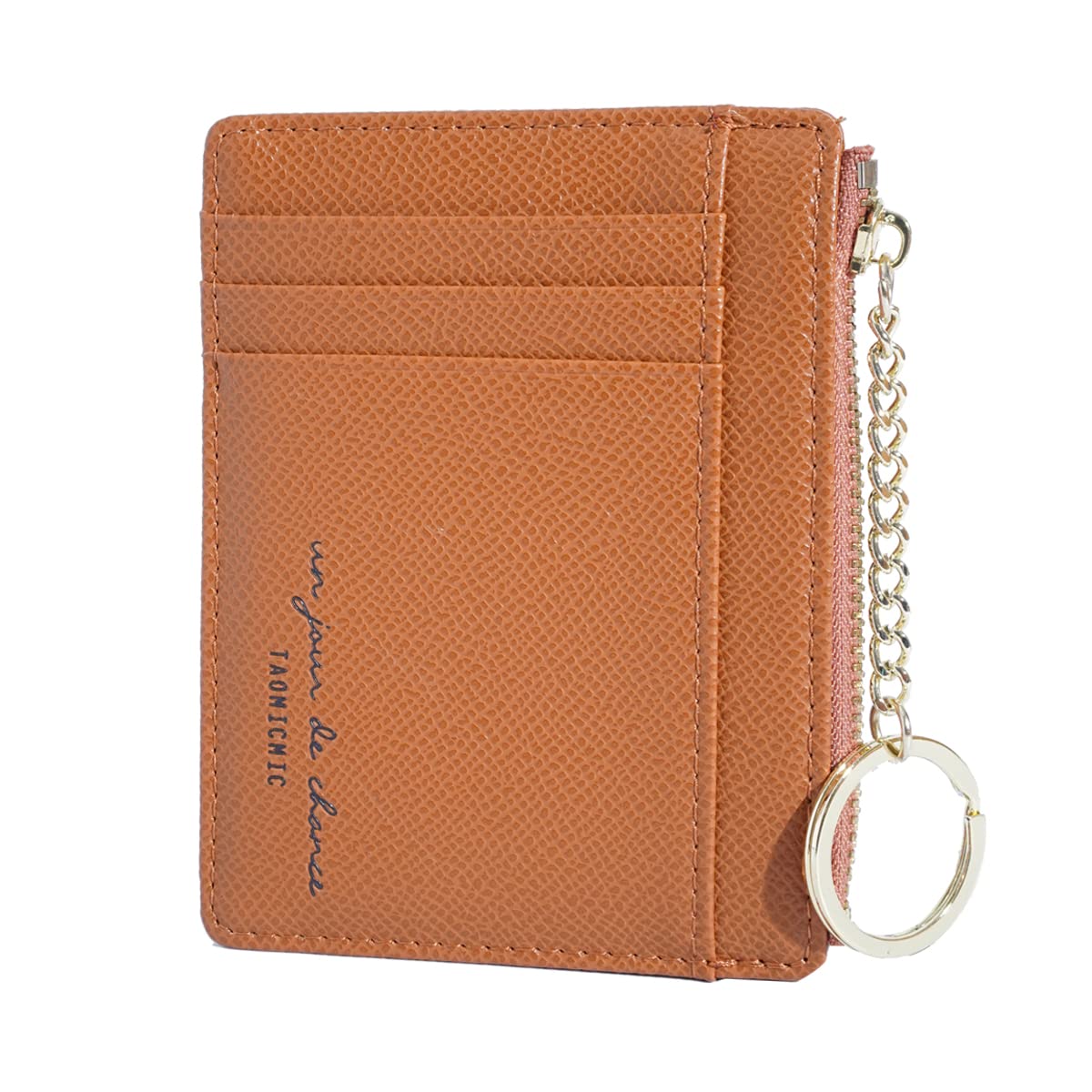 Women Slim Leather Card Case Holder Small Wallet Cute Coin Purse Girl Mini Wallet with Keychain (Brown)