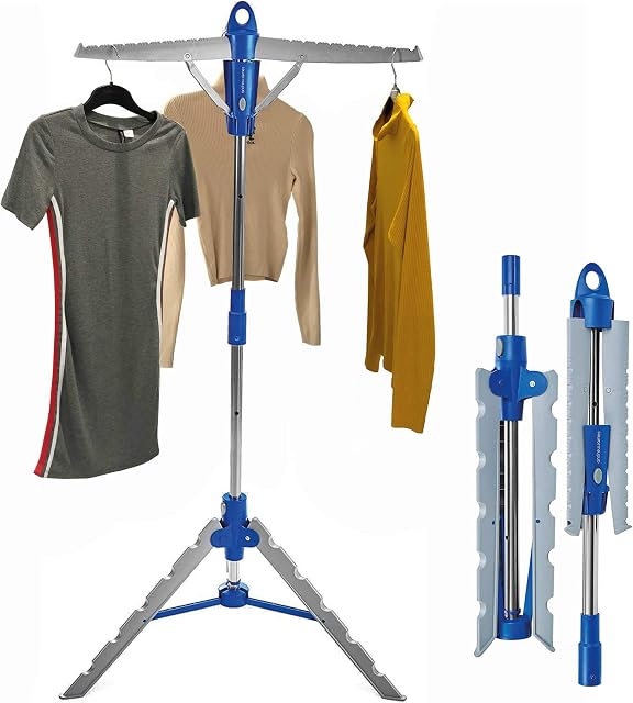 Andrew James Clothes Rail Airer Drier | Adjustable Portable Clothes Horse Tripod Design | Folds Flat for Storage Easy Setup | Great for Indoor Outdoor Use |139cm High Max Capacity 22KG Holds 30 Hangers