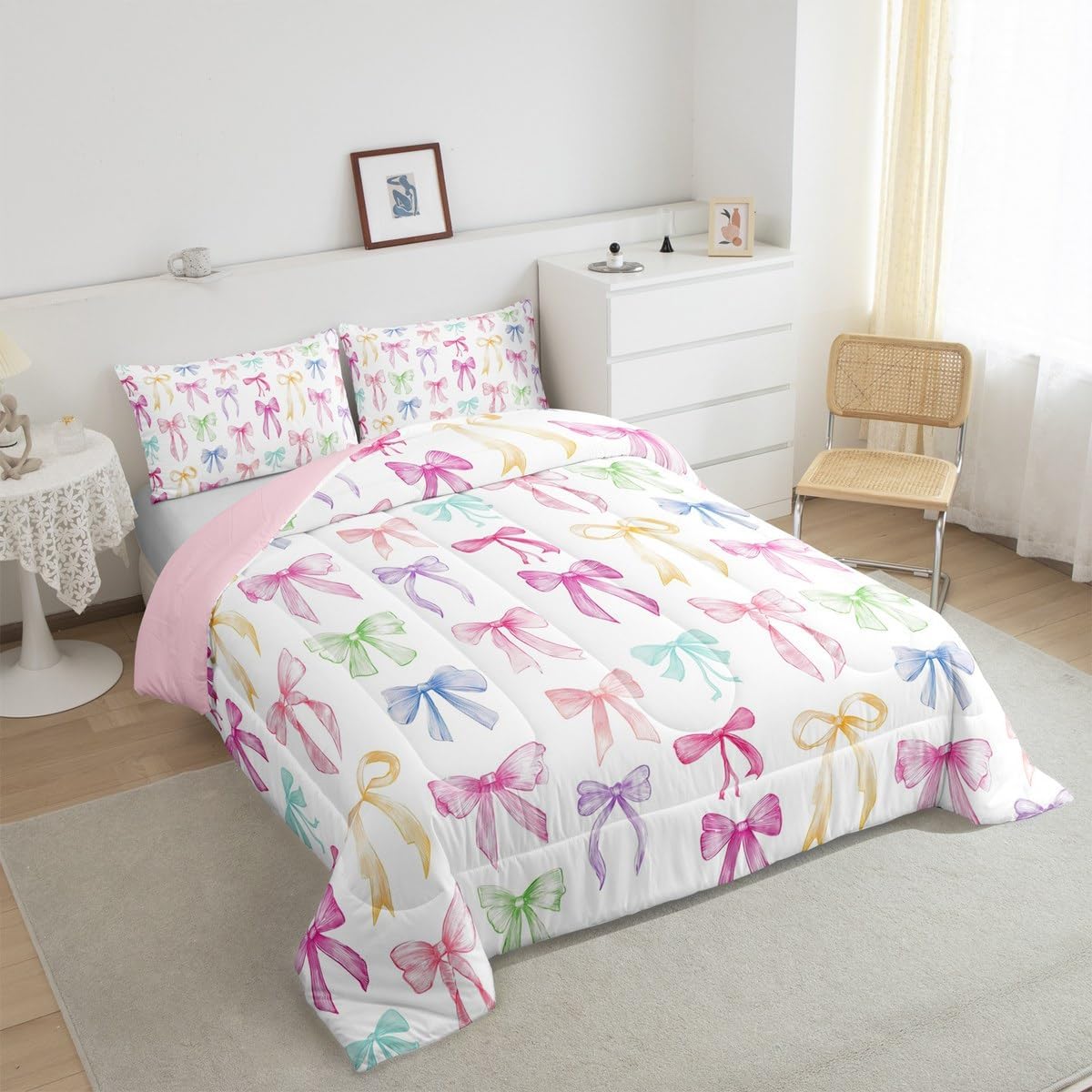 Erosebridal Cute Bow Twin Comforter Set for Girls | Colorful Rainbow Bow Tie Bedding Sets for Kids Teen Preteen, Kawaii Preppy Bows Bed Set, Girly Princess Room Decor, 1 Pillowcase image 5