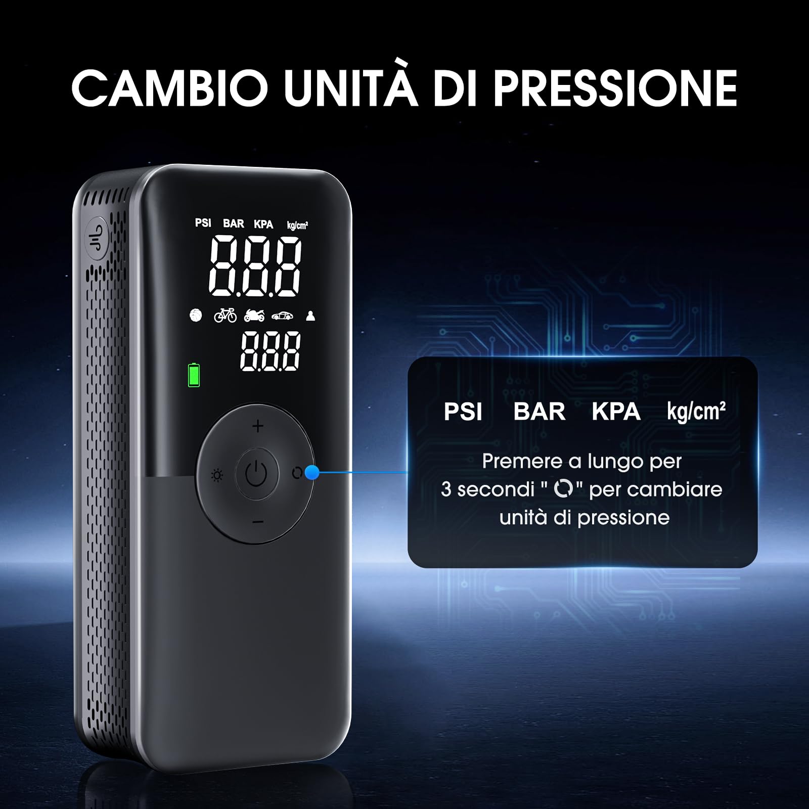 Compressore Aria Portatile Senza Fili CARSUN - 150 PSI, Doppio Display, Batteria Ricaricabile, Per Auto, Moto, Biciclette, Palloni