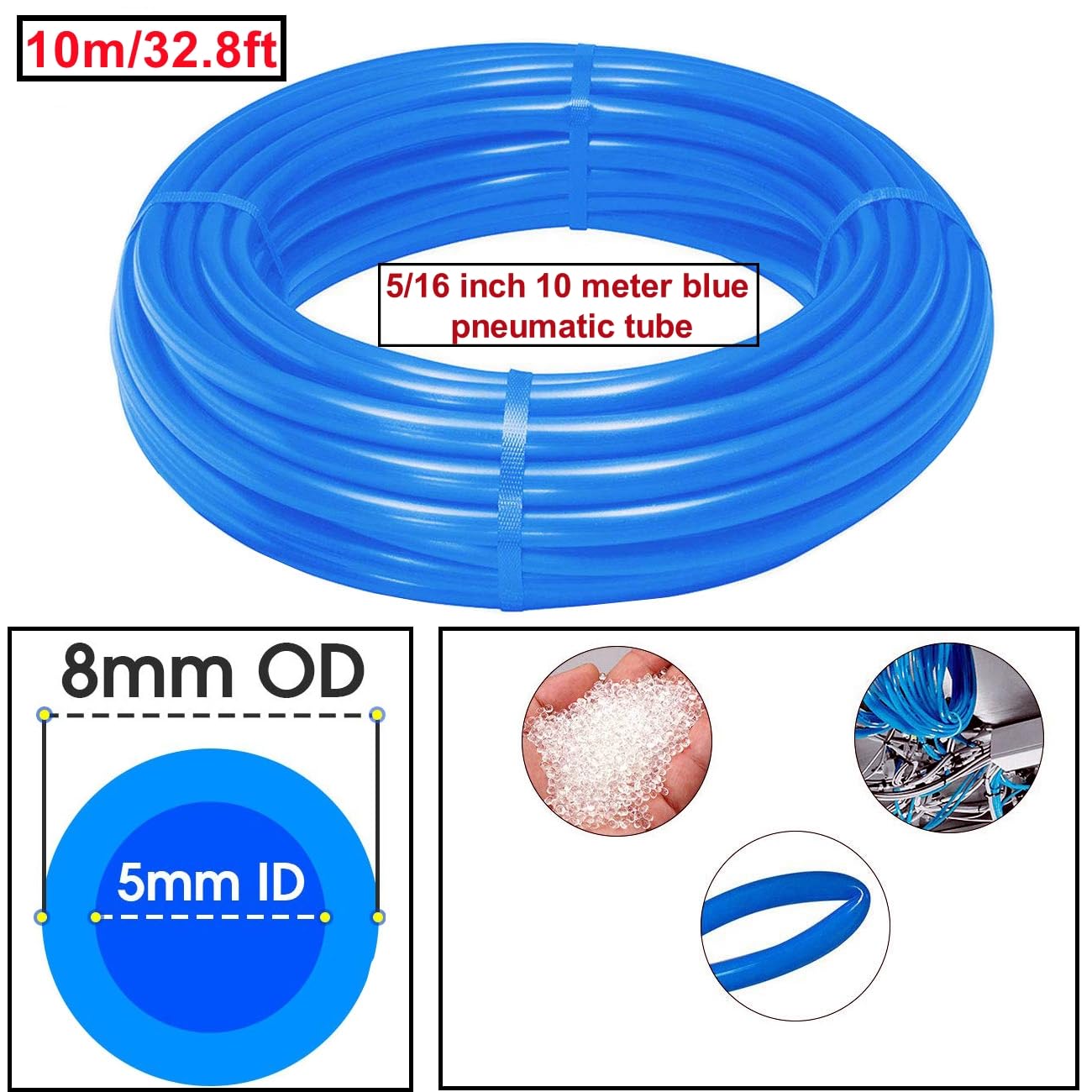Manguera neumática HUAZIZ azul de 10 m de PU, manguera neumática de poliuretano de 5/16 pulgadas, diámetro exterior de 8 mm con 14 conectores neumáticos + 1 cortador de manguera