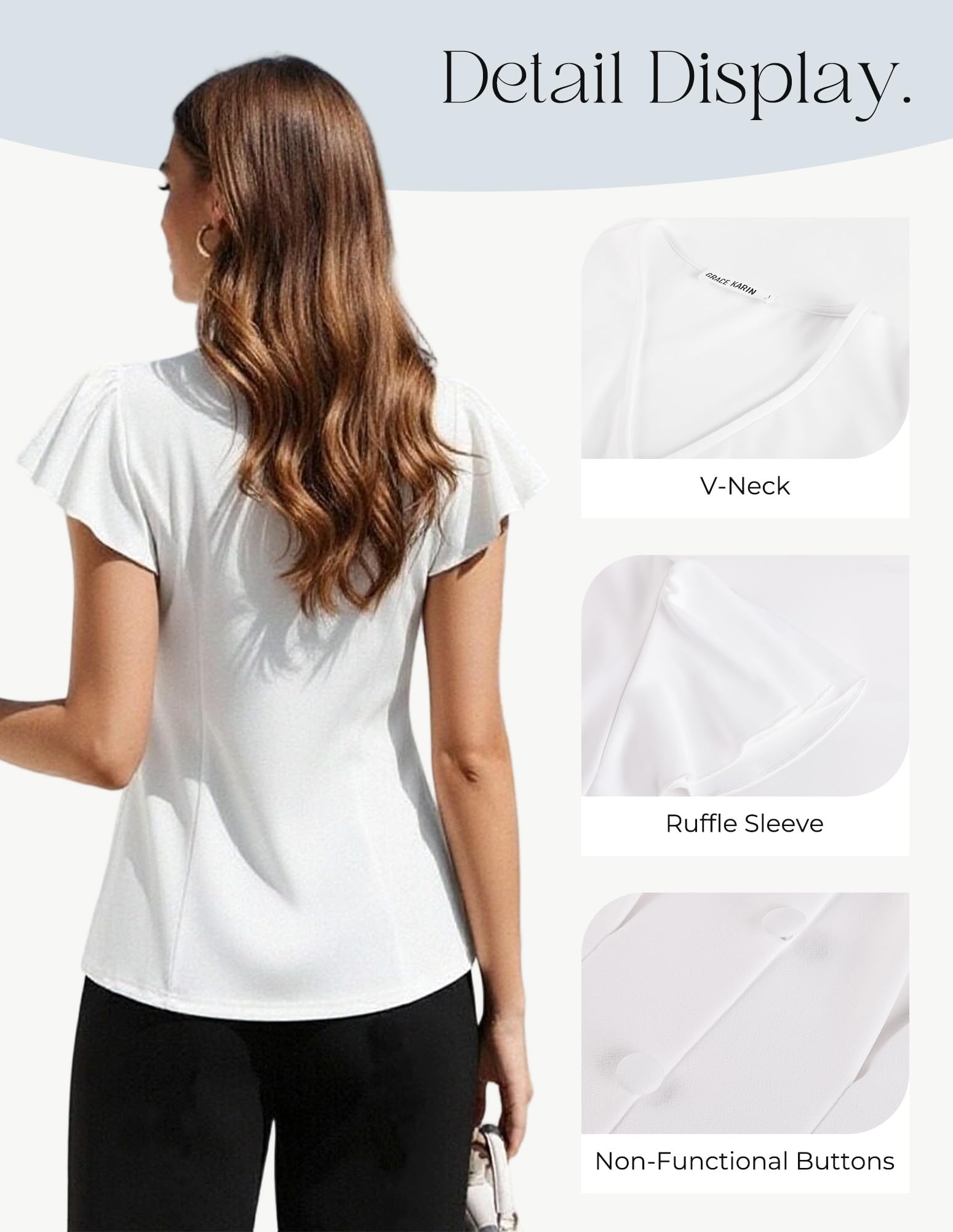 GRACE KARIN Blusas de verano para mujer, de manga corta, cuello en V, con volantes, plisadas, para fiestas informales