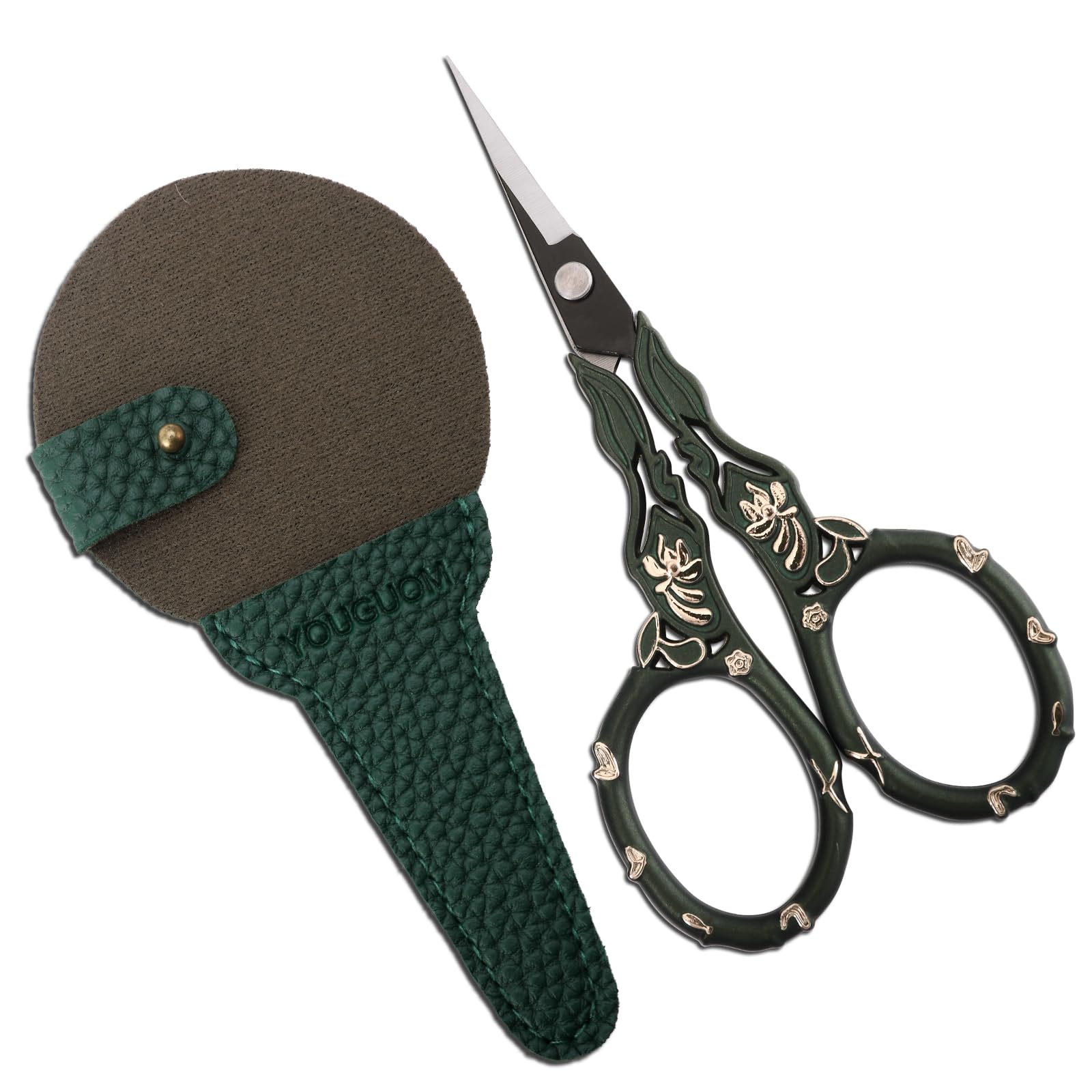 YOUGUOM Vintage Needlework Scissors with Cover, Small Sewing Scissors for Embroidery Craft Cross Stitch Crochet Yarn, Detail Thread Shears Sharp Snips Green