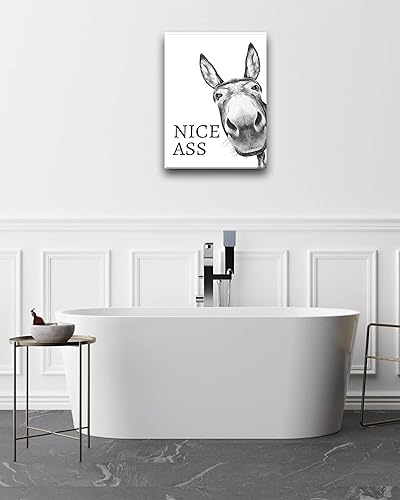 Miniatura 5 de UPWOIGH Divertida decoración artística de pared de baño, arte de pared de burro blanco y negro, lienzo enmarcado de madera impermeable, impresiones
