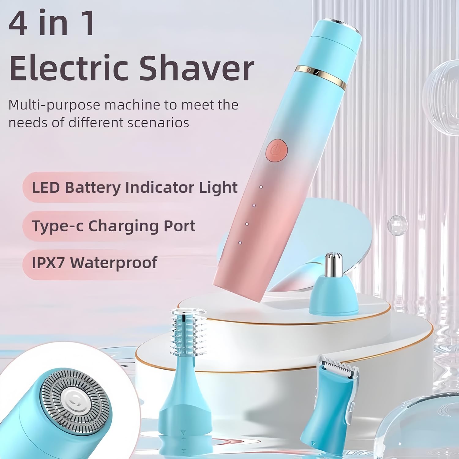 PanniOhye 4-in-1 Electric Facial Hair Trimmer for Women, Rechargeable Waterproof Eyebrow Epilator with Multiple Heads, Blue and Pink Gradient