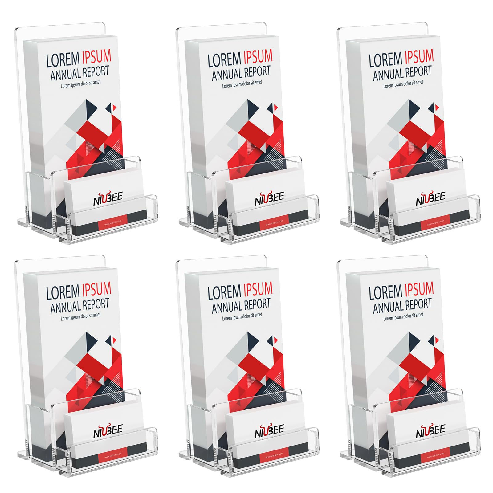 NIUBEE 2-Pack Acrylic Brochure Holder 4‘’ , Clear Brochure Display Stand with Acrylic Business Card Holder, Plastic Flyer Display Stand for Magazine, Pamphlet, Booklets, Menu, Journals, Business Card