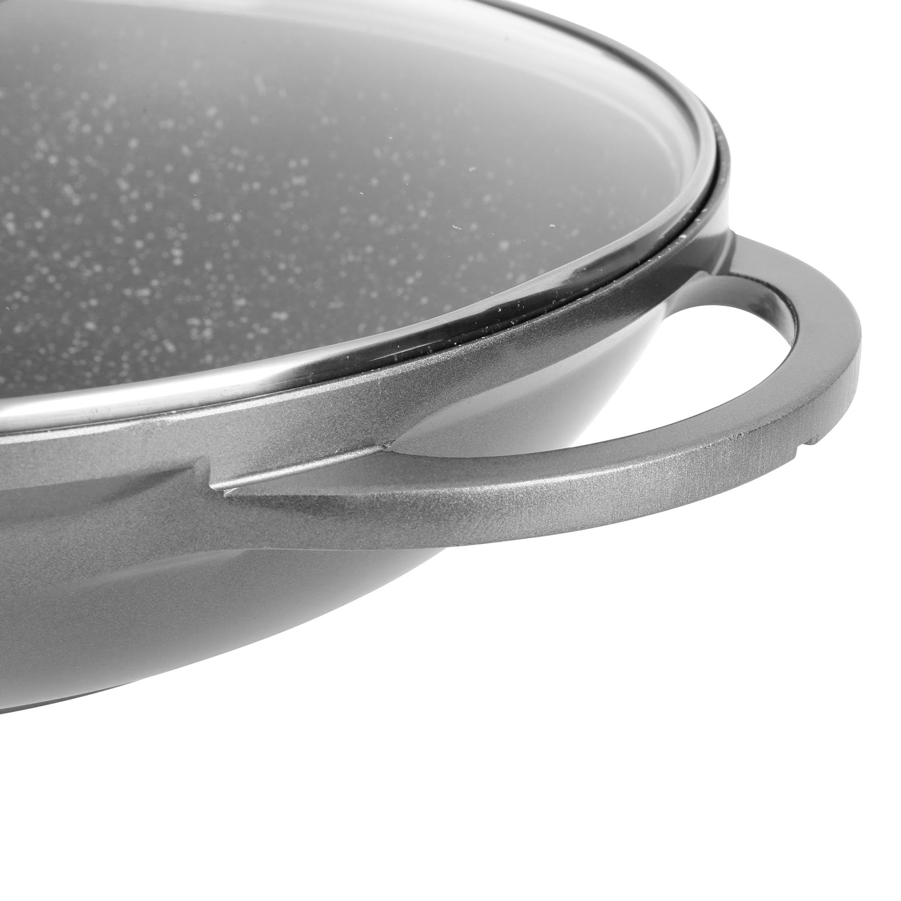 Sitram 714225 - Wok hierro fundido, aluminio interior, efecto piedra, diámetro 32 cm, altura 8 cm, revestimiento antiadherente, 2 capas, sin PFOA, tapa de vapor de vidrio, asas de hierro fundido de