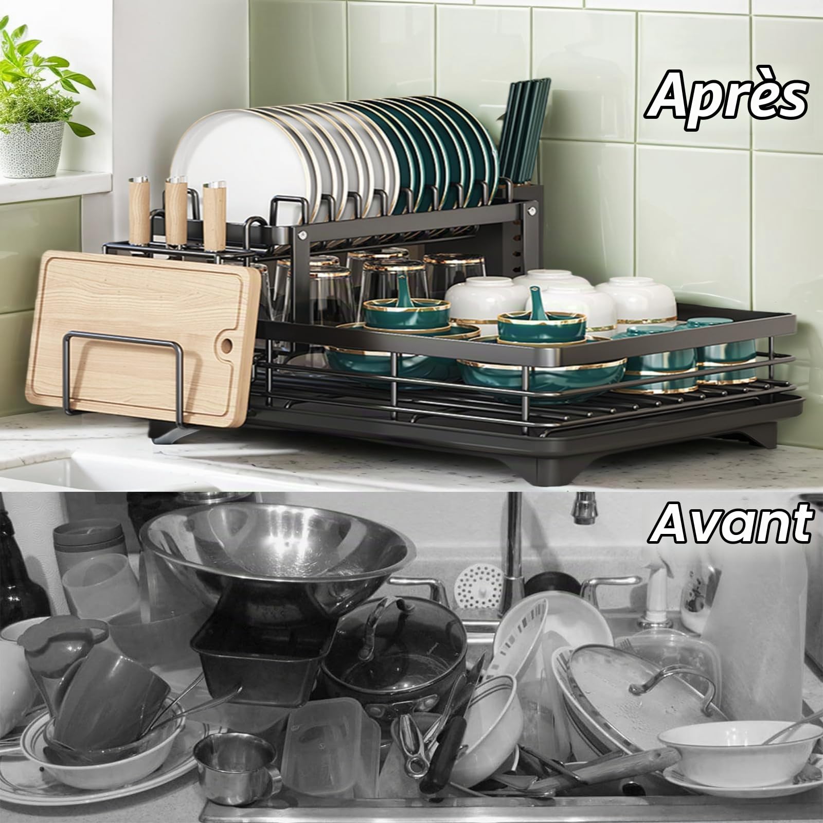 Égouttoir à Vaisselle avec Tasse de Rangement et Sortie d'évacuation, Peu encombrant et idéal pour Une Utilisation dans la Cuisine. (Noir, 2 Niveaux)