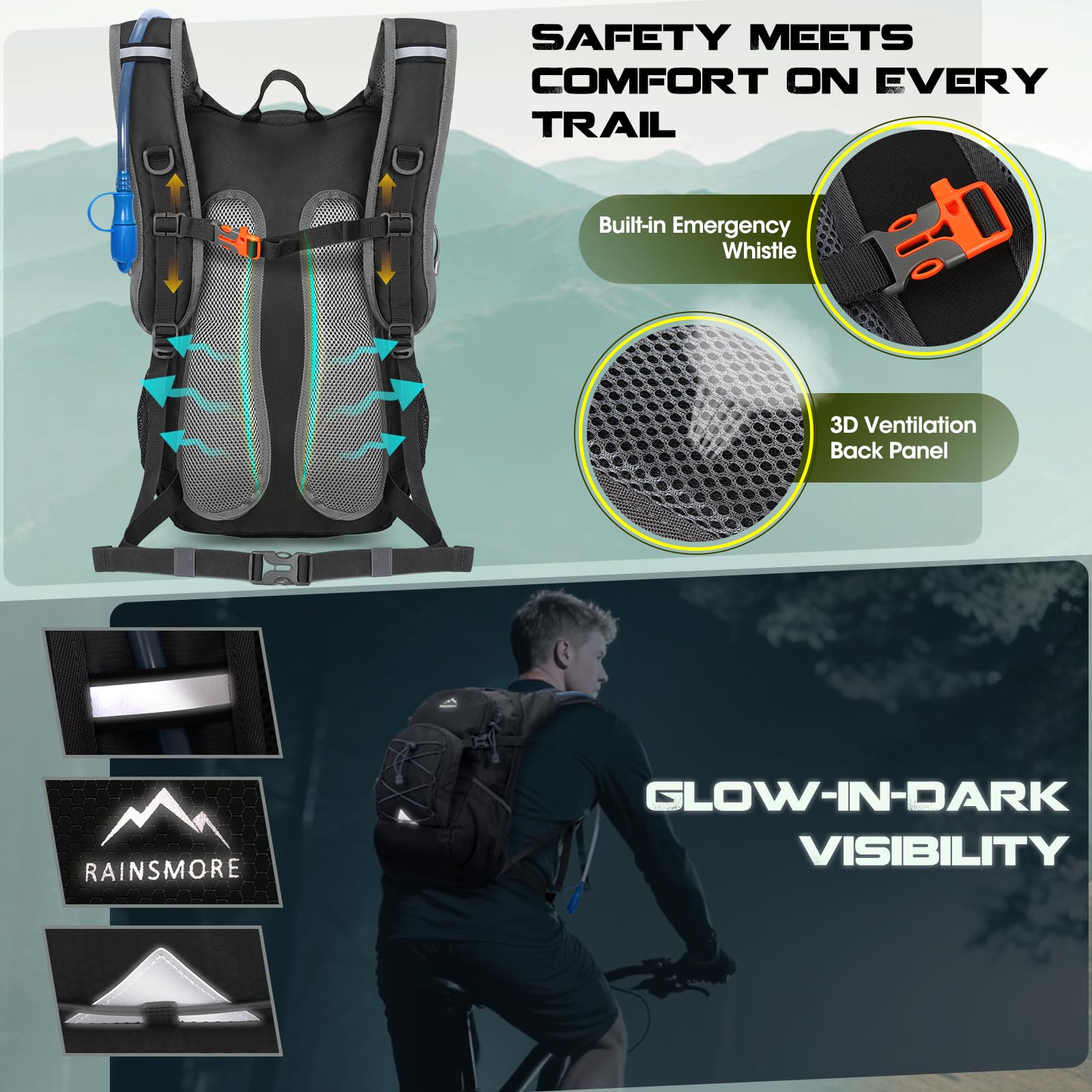 RAINSMORE Zaino Idratazione con Vescica 2L Leggero Isolato Zaino Trail Running 18L con Copertura Antipioggia Trekking Sportivo Idrico per Corsa Ciclismo Escursionismo Outdoor