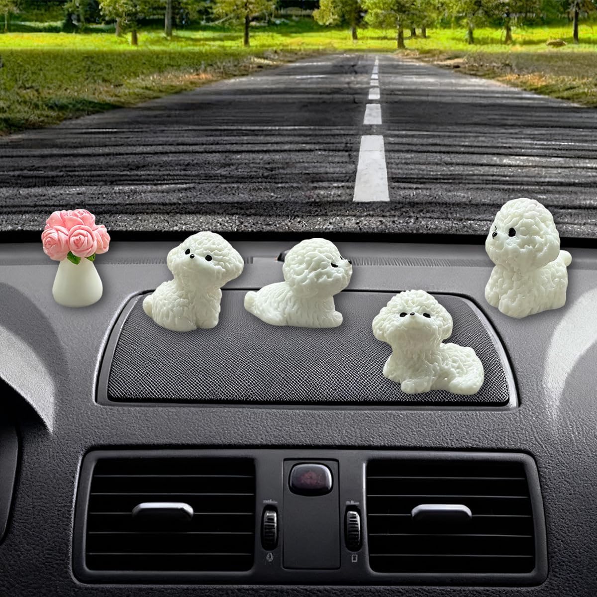 Cute Dog Car Dashboard Accessories, Mini Resin Bichon Frise Automotive Rearview Mirror Decorations, Kawaii Cartoon Dog Vehicle Interior Ornament for Car, Garden, Home, Office Desk(Dog&Rose)