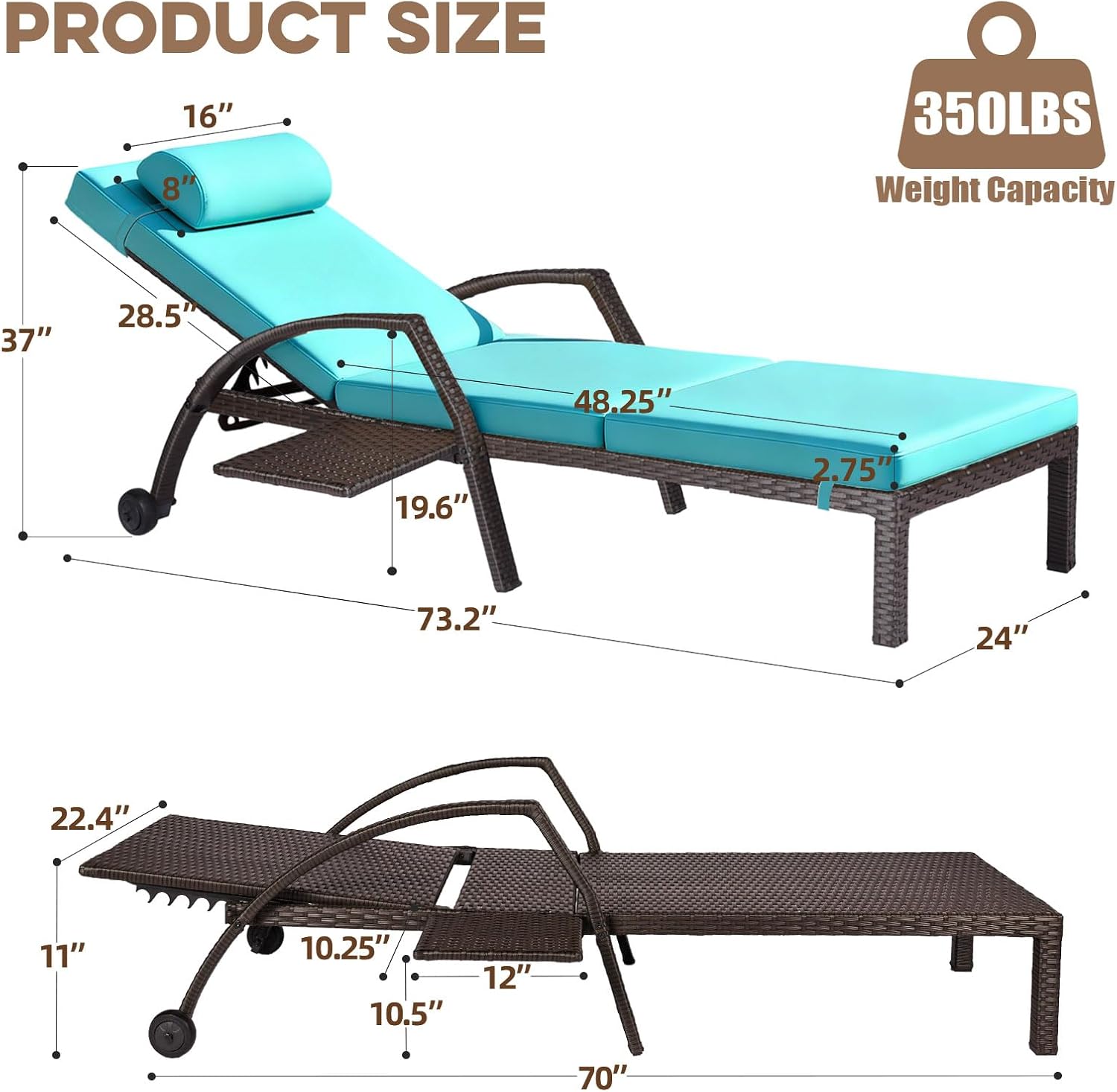 Patio Chaise Lounge Chairs Set of 2 Wicker Pool Lounge Chairs Outdoor with 5 Adjustable Back & Removable Cushion & Tray Tanning Chair Sun Loungers for Patio Poolside Deck Beach