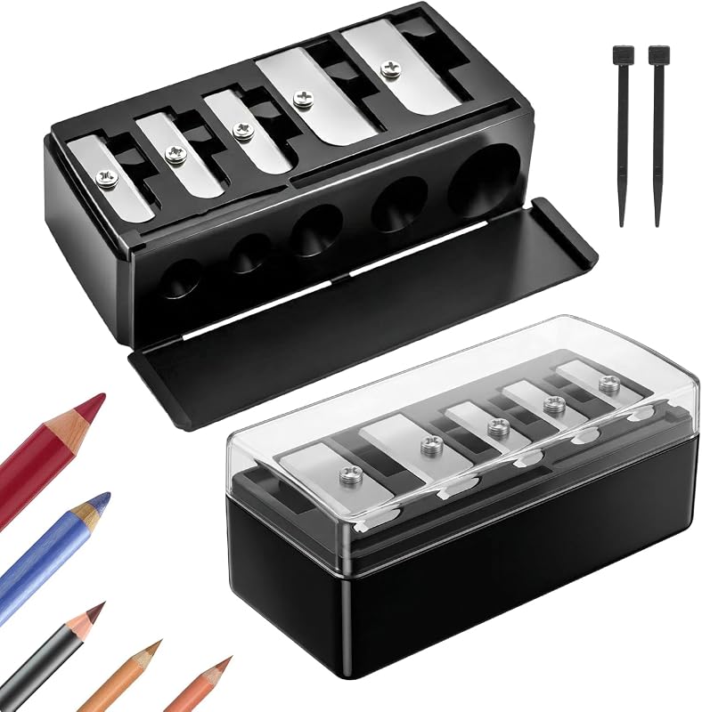 2 sacapuntas de lápiz de ojos de 5 agujeros, sacapuntas manual de punta larga con tapa de plástico, delineador de labios, delineador de ojos, sacapuntas de cejas, maquillaje, delineador de ojos, sacapuntas