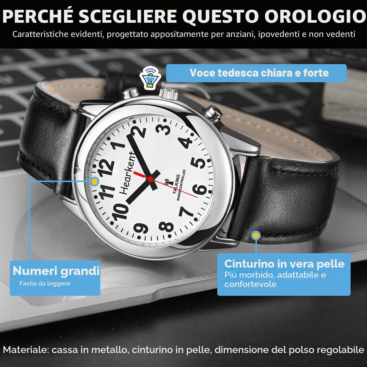Hearkent Orologio parlante, lingua tedesca, orologio da polso radiocontrollato