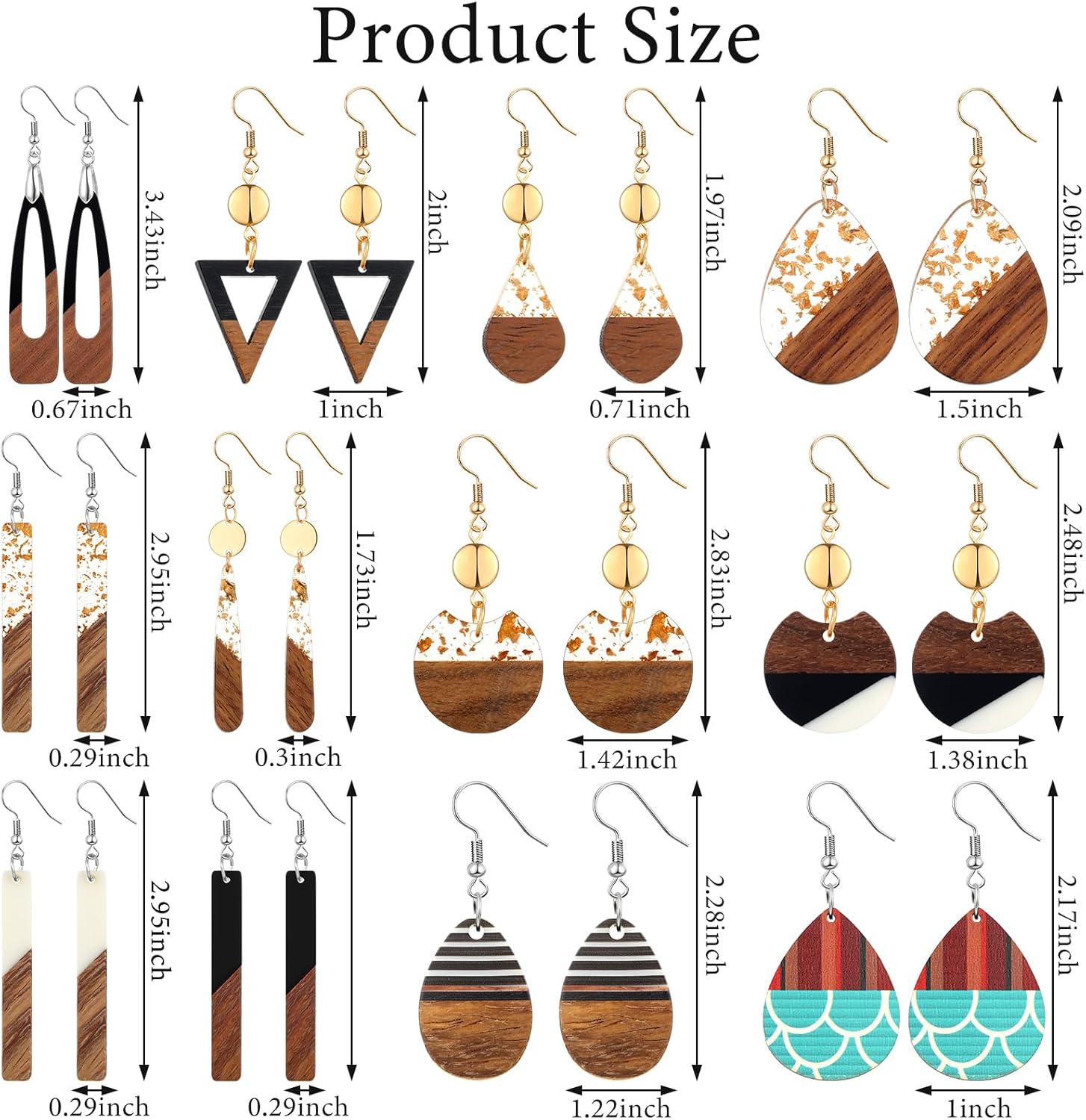 Henoyso 12 Pairs Wooden Earrings for Women Boho Dangle Geometric Lightweight Studs Resin Statement Earring - Image 2