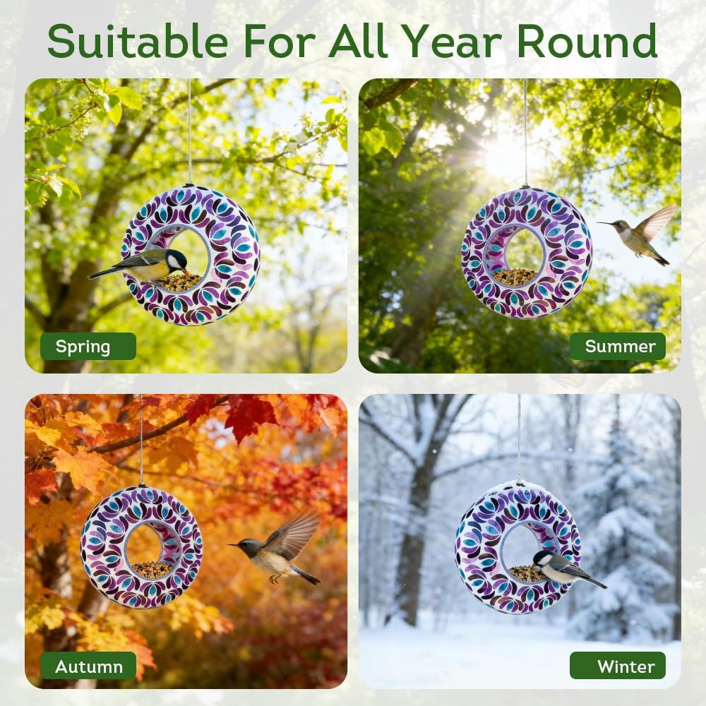 Lily's Home 8 Inches Glass Mosaic Hanging Bird Feeder for Outdoors Fly-Through Large Bird Feeder for Outdoor Garden Decor Backyard, Animals Lovers Gift, Purple and Blue