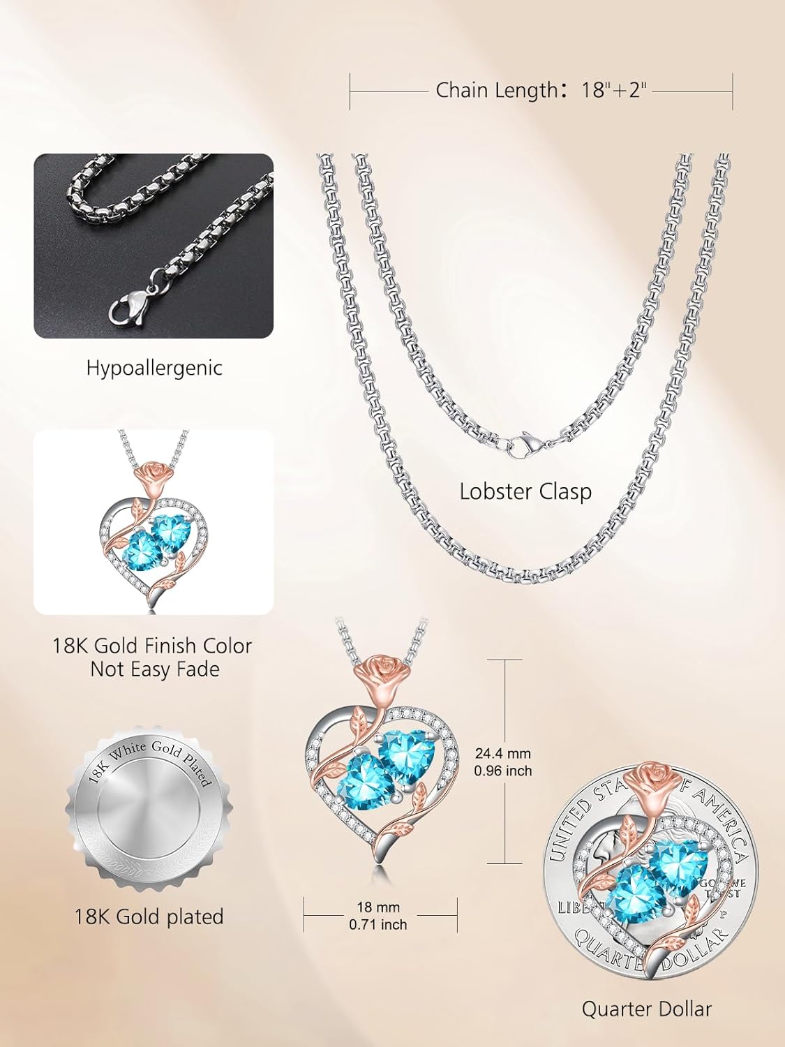 Romantic Gifts for Women Rose Heart Two Birthstone I Love You Necklace Anniversary Women Pendent Jewerly for Her Wife Birthday Gift Ideas Birthday Present for Girlfriend Mom Daughter Yourself
