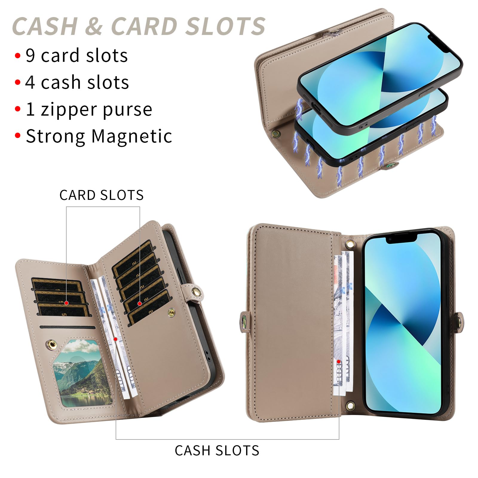 Funda para iPhone 13 Pro Max 2021 con cremallera, funda magnética desmontable con protector de pantalla, correa de cordón cruzada, con purpurina, para iPhone 13promax 5G i Phone13Max Plus, para mujer