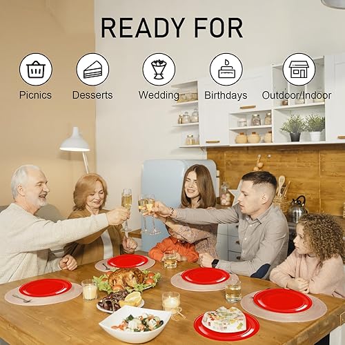 Miniatura 2 de Birthdayparties Platos redondos desechables de papel rojo, platos de papel de cena de 50 x 9 pulgadas y platos de papel de postre de 50 x 7